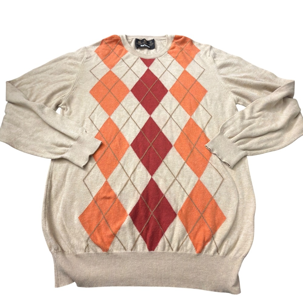 Barbour Argyle Sweater Mens XL Beige Gorpcore CrewNeck Made in Scotland EE20